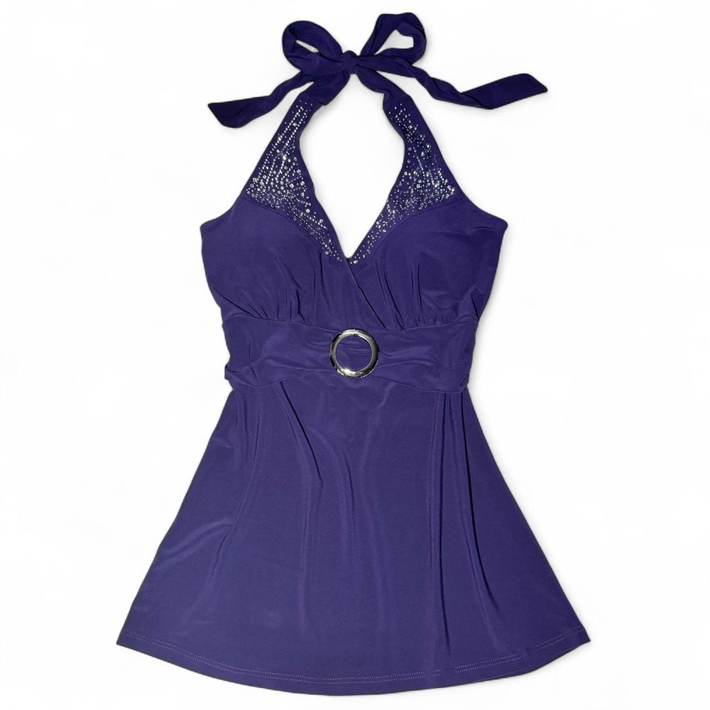 Y2K Purple Gidani USA Rhinestone Buckle Halter Top Medium